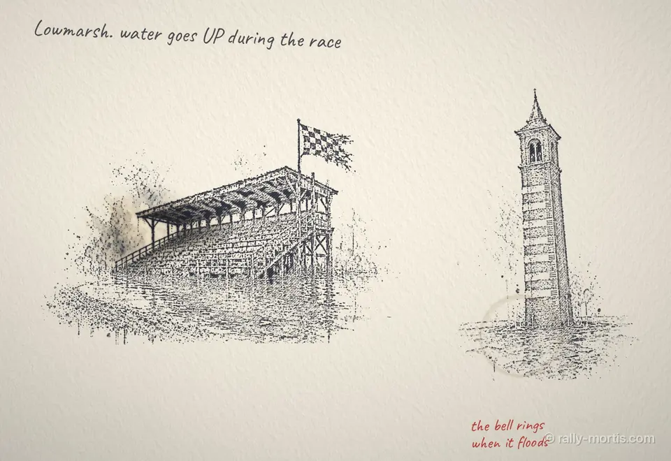 Ink drawings of a flooded grandstand and a bell tower in the water