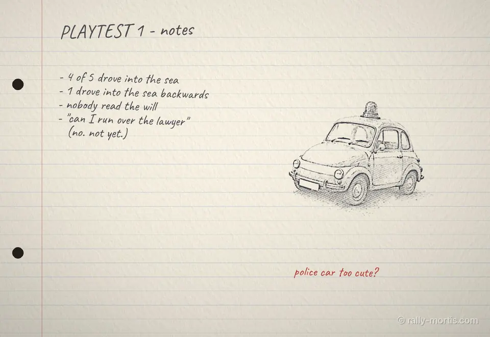 Notebook page of playtest notes next to a sketch of a tiny police car