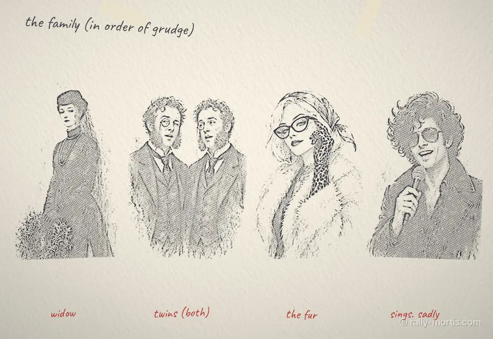 Four pencil portraits of rival heirs with early working labels: widow, twins, the fur and sings sadly