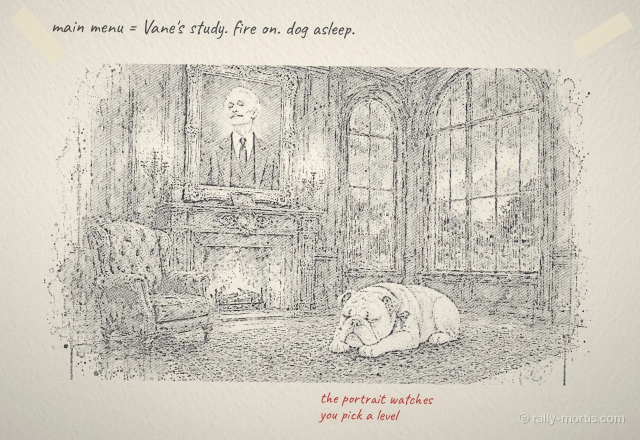 Pencil drawing of Vane's study: portrait, fireplace and sleeping dog