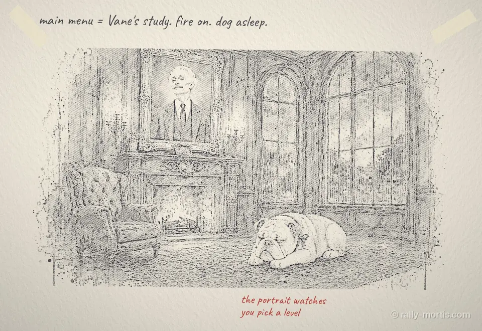 Pencil drawing of Vane's study: portrait, fireplace and sleeping dog