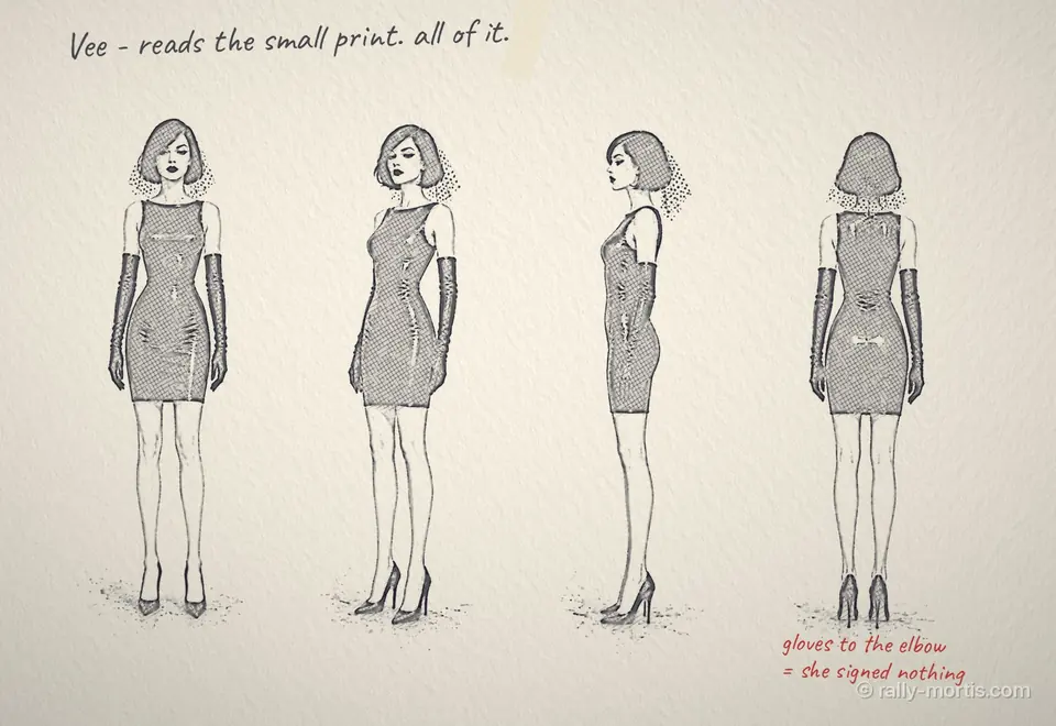 Pencil turnaround of Vee Lark in a black dress and long gloves