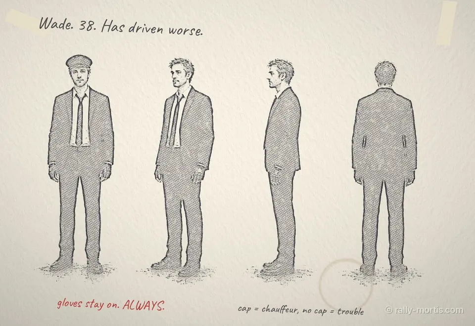 Pencil turnaround of Wade Kessler in four views, with notes about his gloves and cap