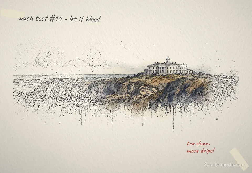 Ink drawing of a clifftop mansion with a patch of colour wash, labelled wash test number 14