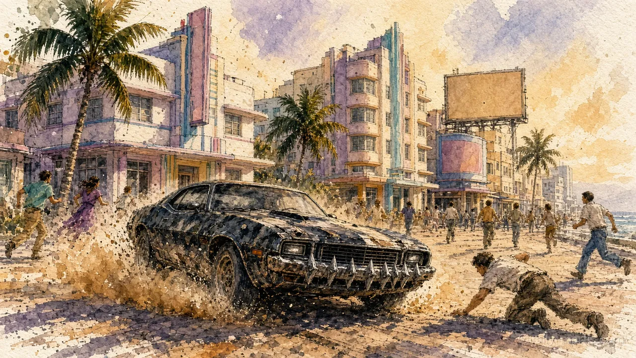 A black car with a spiked bumper drifts down a sunny seaside boulevard while pedestrians dive out of the way