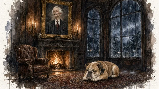 Cornelius Vane's study: his portrait over the fireplace, rain on tall windows, a bulldog asleep on the rug