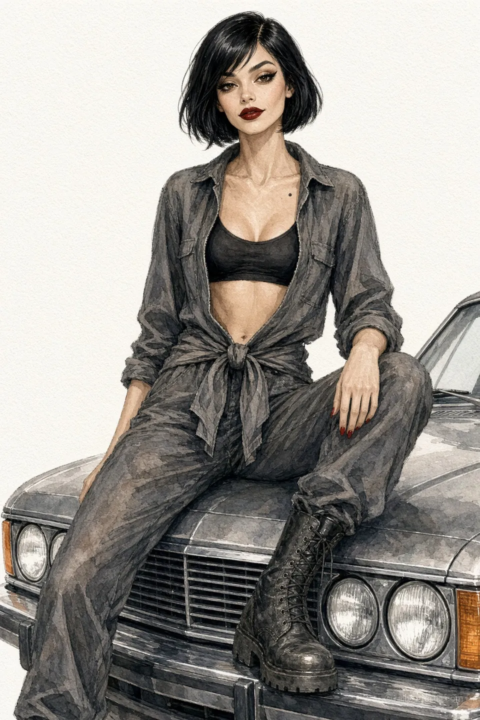 Vee Lark sits on the bonnet of a car in grey overalls