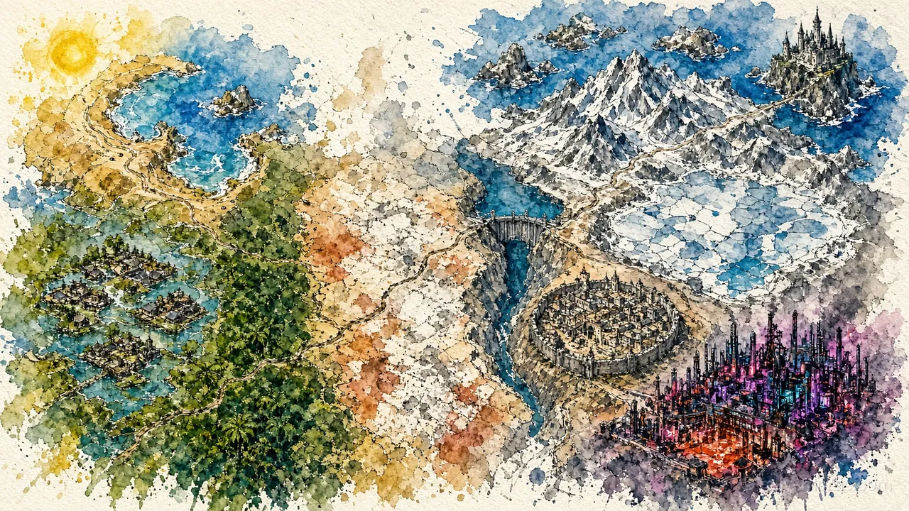 Painted map of the Federation of Valmora: beaches, jungle, desert, mountains, a neon city and an island at the end