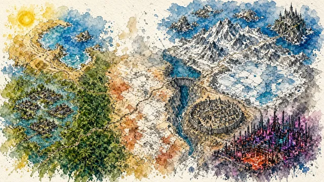 Painted map of the Federation of Valmora: beaches, jungle, desert, mountains, a neon city and an island at the end