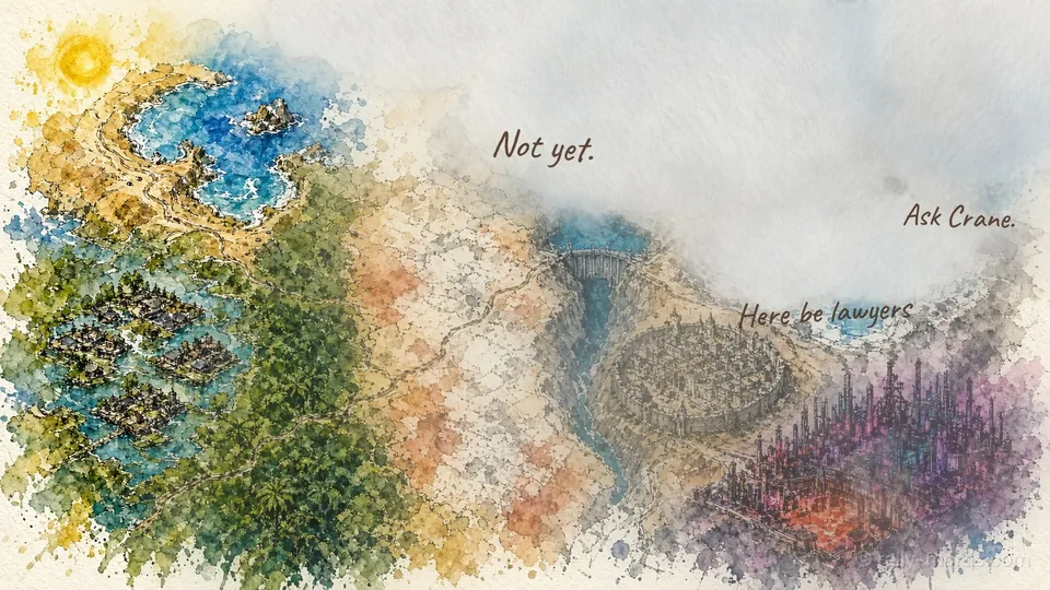 Painted map of Valmora: the coast and the canal country in colour, the road running north into fog, pencilled notes in the margin: not yet, here be lawyers, ask Crane